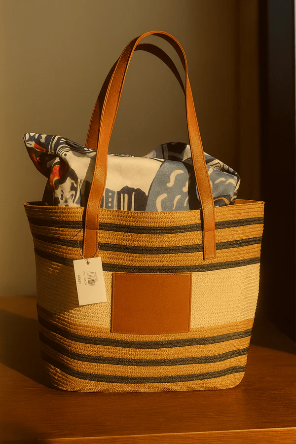 Striped Woven Shoulder Tote Bag - Image 2