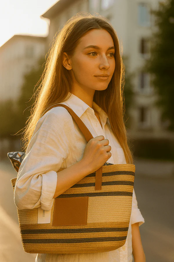Striped Woven Shoulder Tote Bag - Image 3